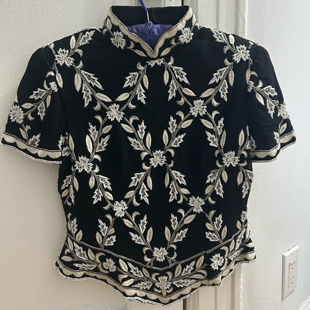 Papell Boutique Black Top with White Beaded Embroidery